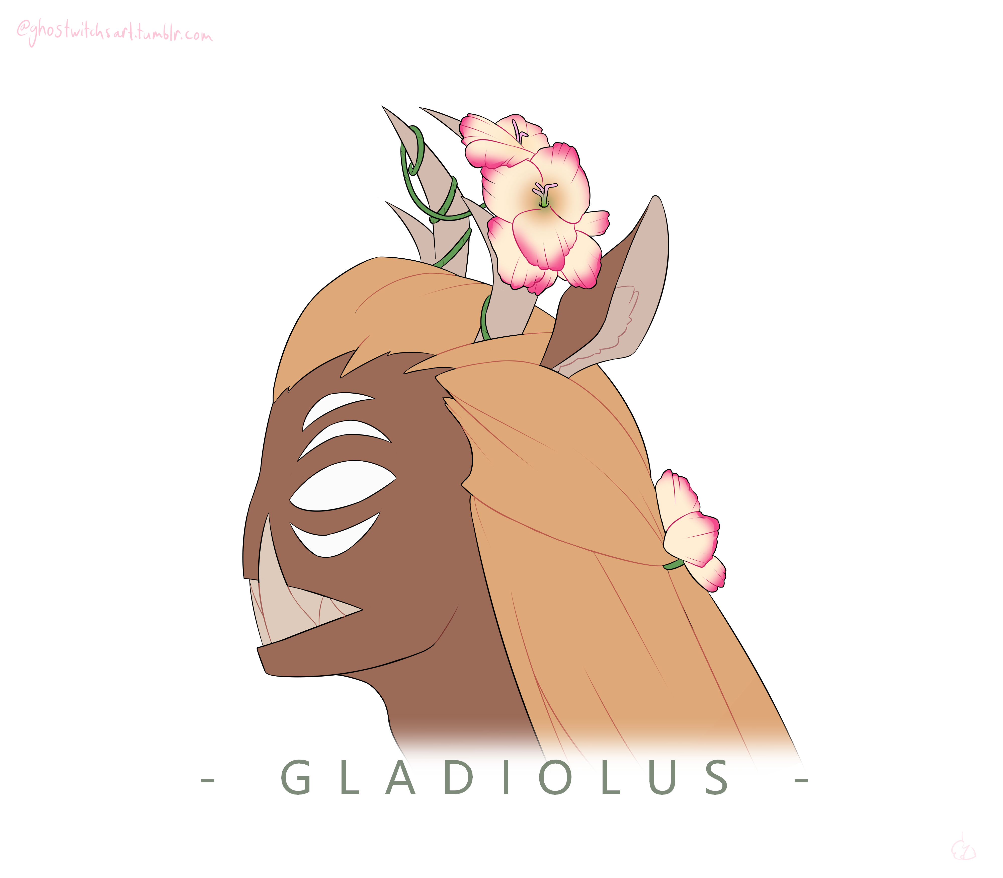 A flat painting profile of view of Ylva with gladiolus flowers adorning her horns and hair.